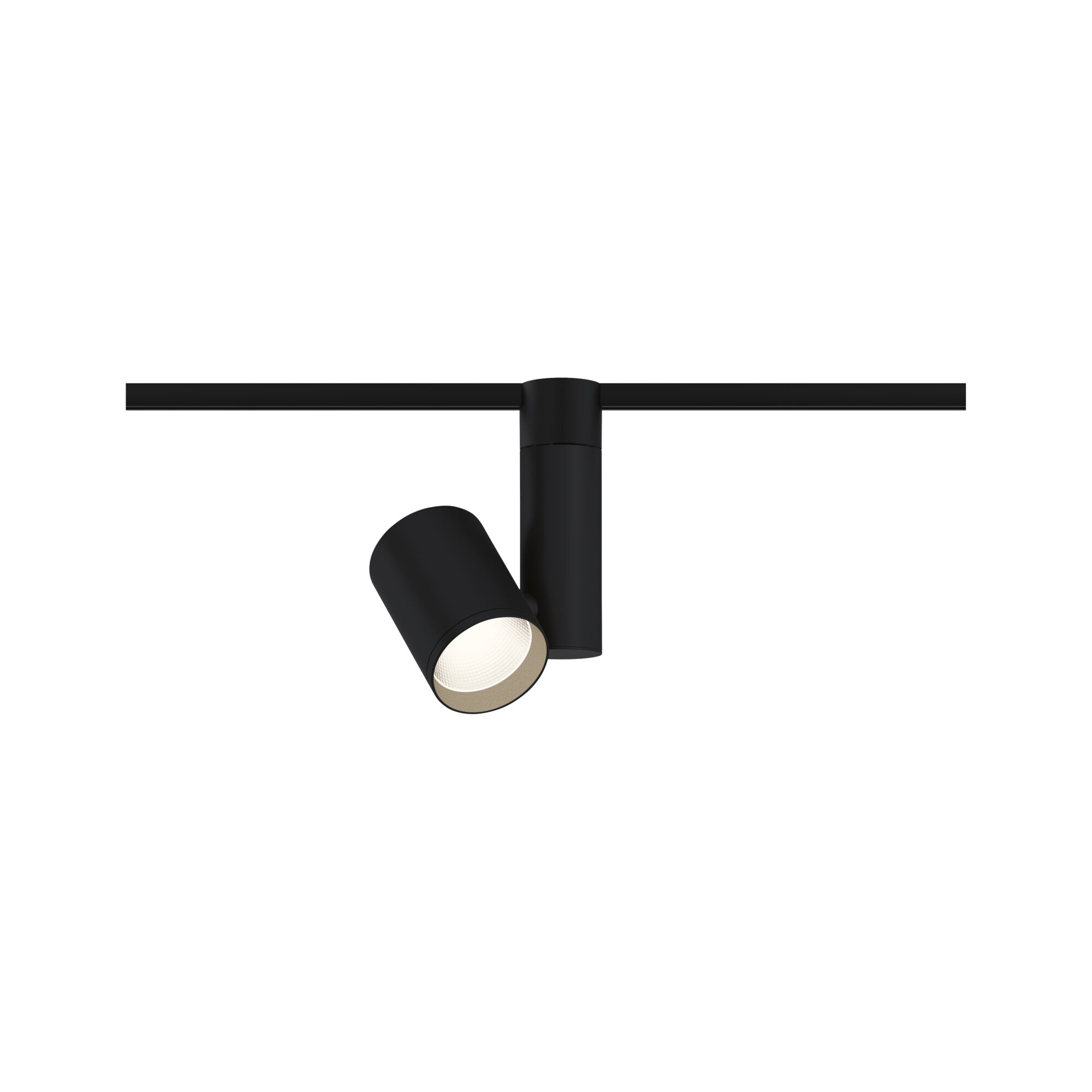 Black metal LED spotlight on track system, dimmable for modern indoor lighting solutions