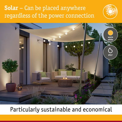 Solar outdoor string lights with warm white glow, IP67 waterproof, sustainable garden lighting solution