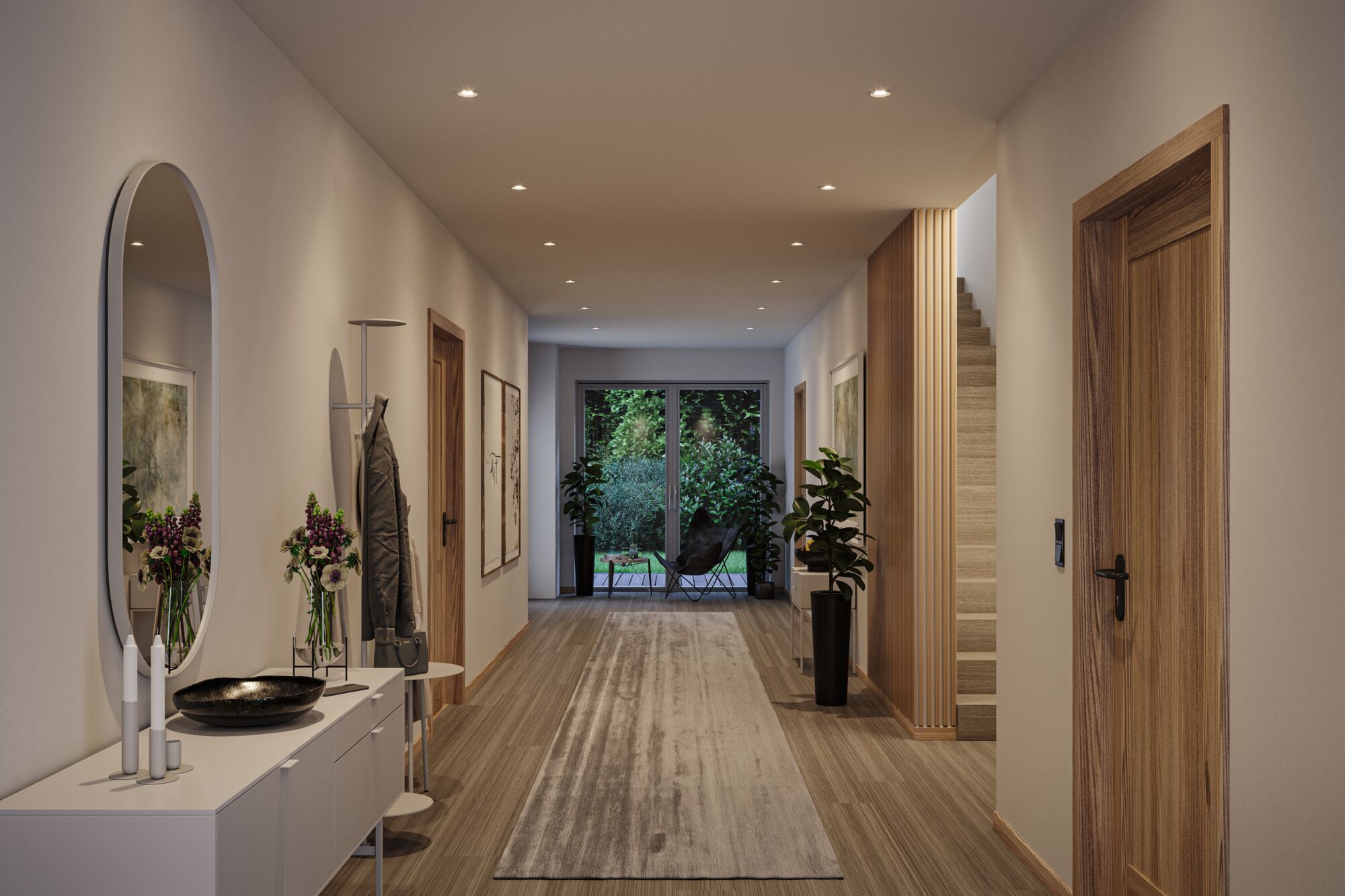 Moderner Flur mit Holzfußboden, weißen Wänden, Holz Türen und indirekter LED-Deckenbeleuchtung