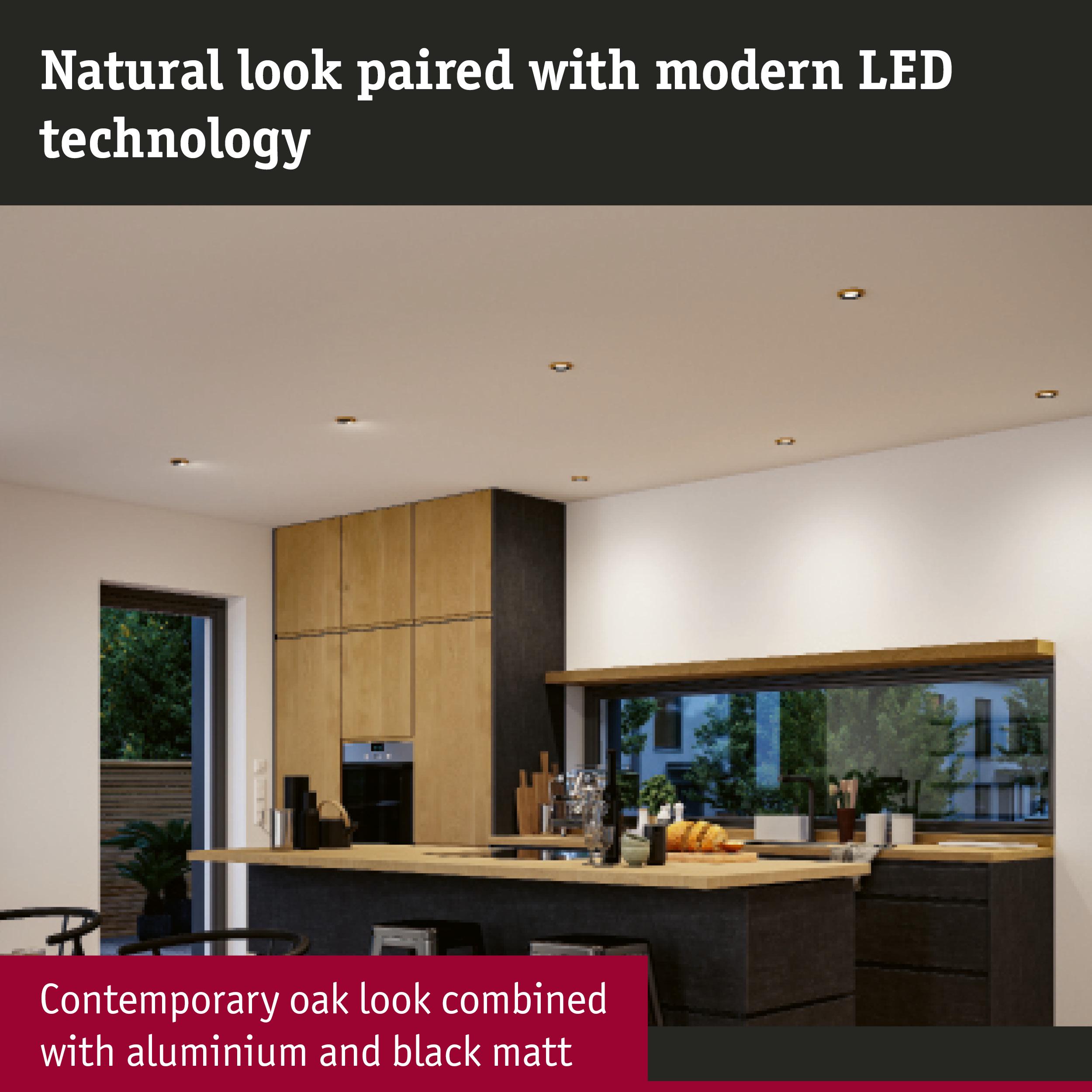 Modern kitchen with oak look, aluminium and matte black elements, LED ceiling lights