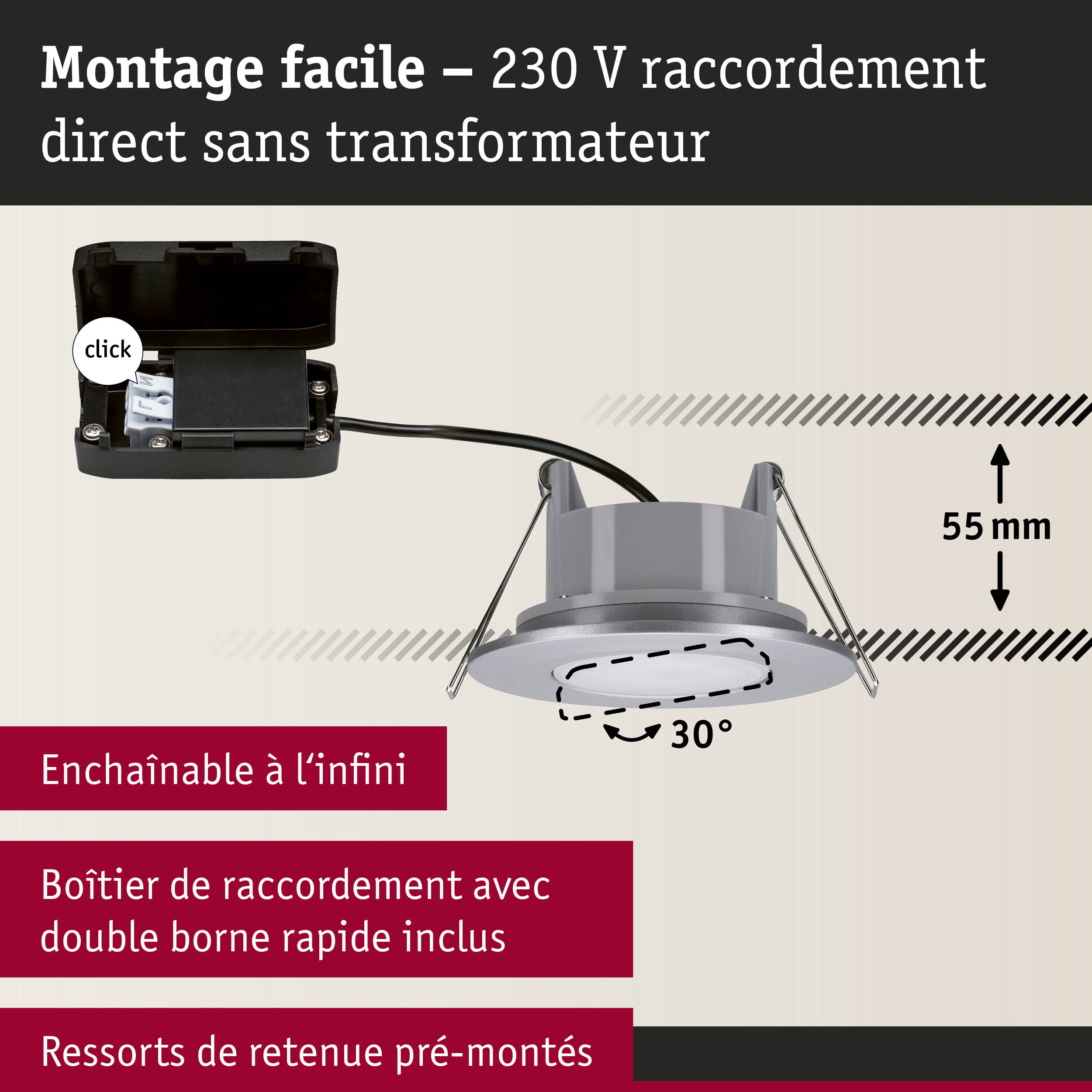 Spot encastré gris avec raccordement direct 230 V et boîtier de montage facile en plastique