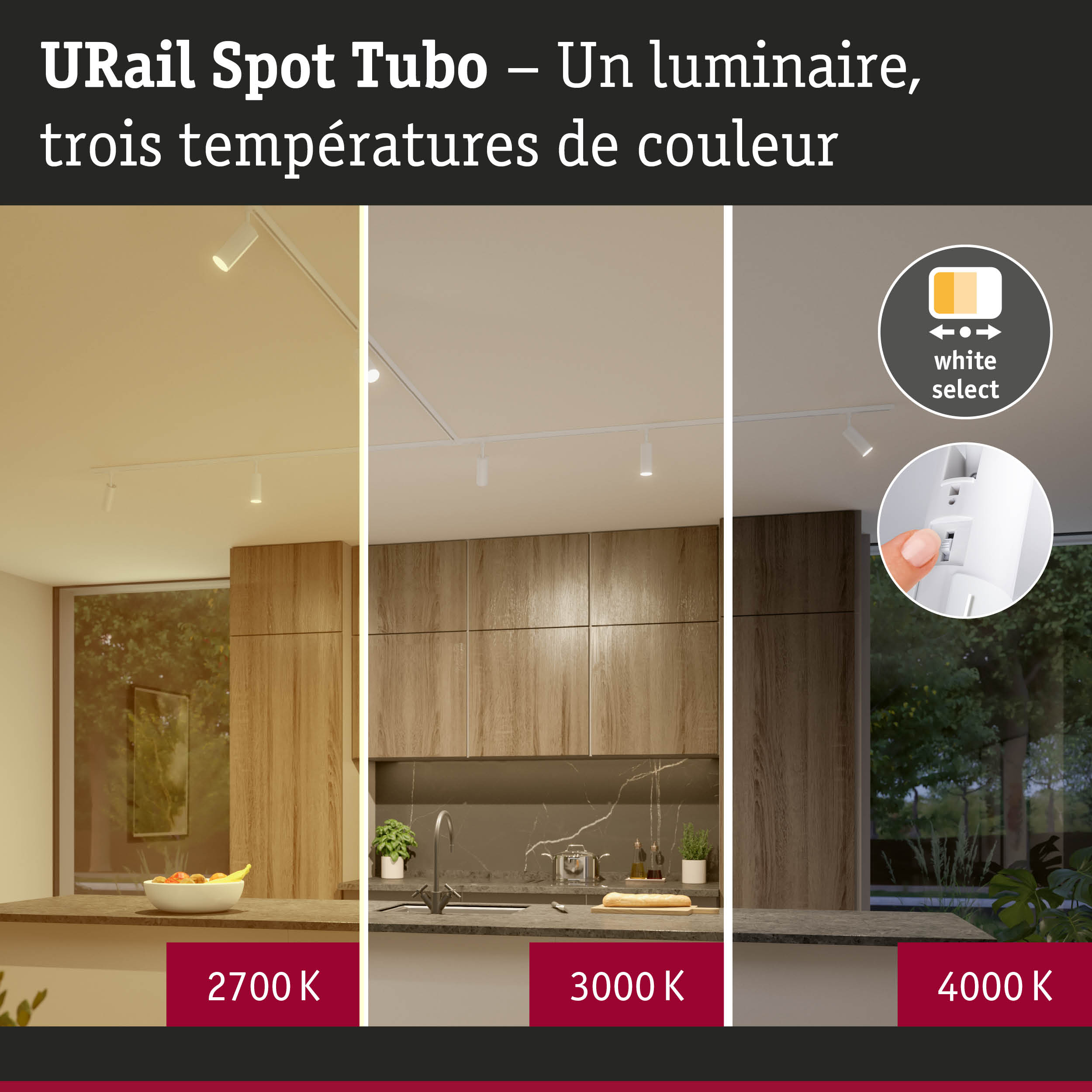 URail Spot Tubo spot LED en aluminium blanc avec trois températures de couleur 2700K, 3000K, 4000K