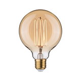 Round LED bulb with amber glass and visible filament for decorative lighting and warm ambiance