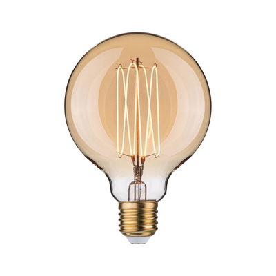 Round LED bulb with amber glass and visible filament for decorative lighting and warm ambiance
