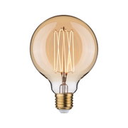 Round LED bulb with amber glass and visible filament for decorative lighting and warm ambiance