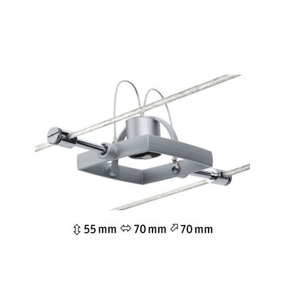 Silberner quadratischer Seilspannadapter aus Metall für LED-Seilsystem mit Maßen 55x70x70 mm