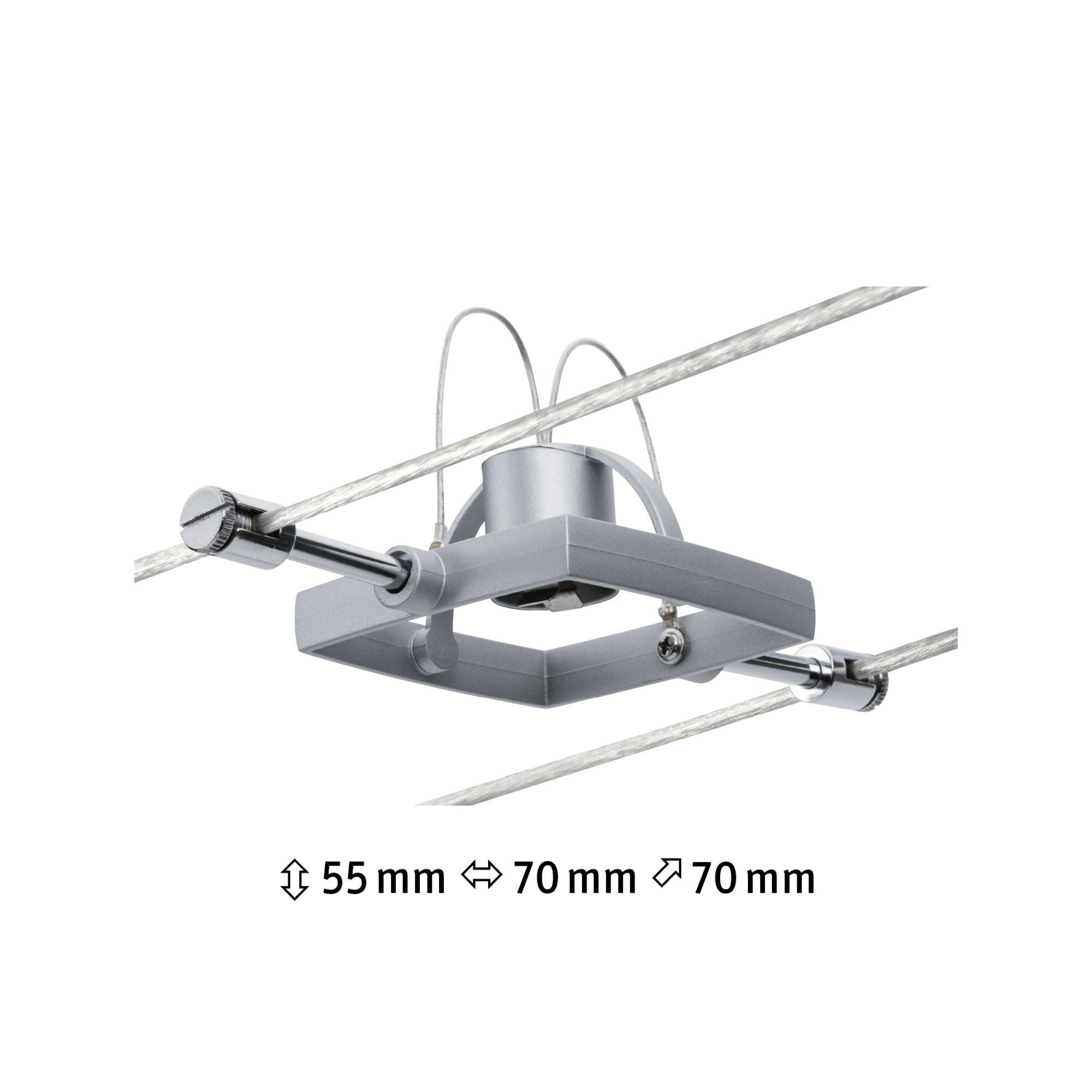 Silberner quadratischer Seilspannadapter aus Metall für LED-Seilsystem mit Maßen 55x70x70 mm