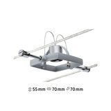 Silver square metal cable tension adapter for LED cable system measuring 55x70x70 mm