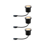 Tre sorte LED-jordspots med rustfrit stålramme og varmt hvidt lys til udendørsbelysning.