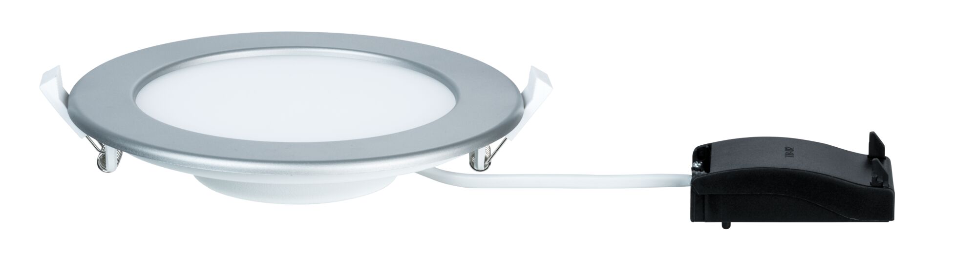 Rond zilverkleurig aluminium LED-inbouwpaneel met witte diffuser en zwarte driver voor plafondverlichting