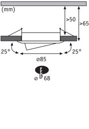 Technical drawing of recessed spotlight with 85 mm diameter and 25-degree tilt, dimensions in mm.