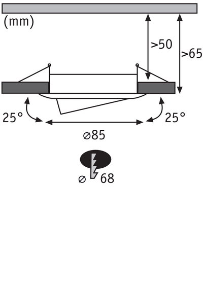 Schéma technique d'un spot encastré de 85 mm de diamètre et inclinaison de 25 degrés, dimensions en mm.