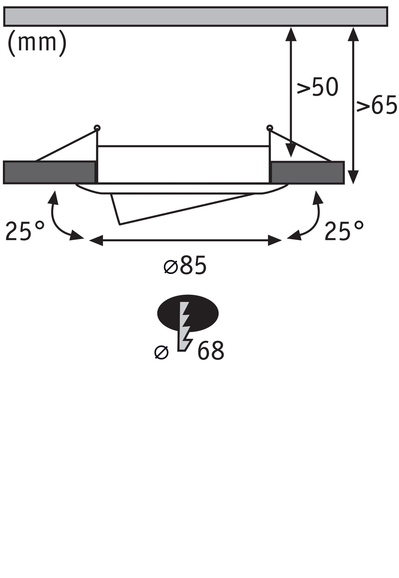 Technical drawing of recessed spotlight with 85 mm diameter and 25-degree tilt, dimensions in mm.