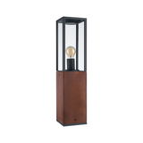 Modern outdoor lamp with wood finish and black metal frame, clear glass shade, visible LED bulb