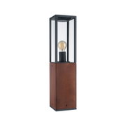 Moderner Außenleuchte mit Holzsockel und schwarzem Metallrahmen, klarer Glasschirm und sichtbarer LED-Glühbirne