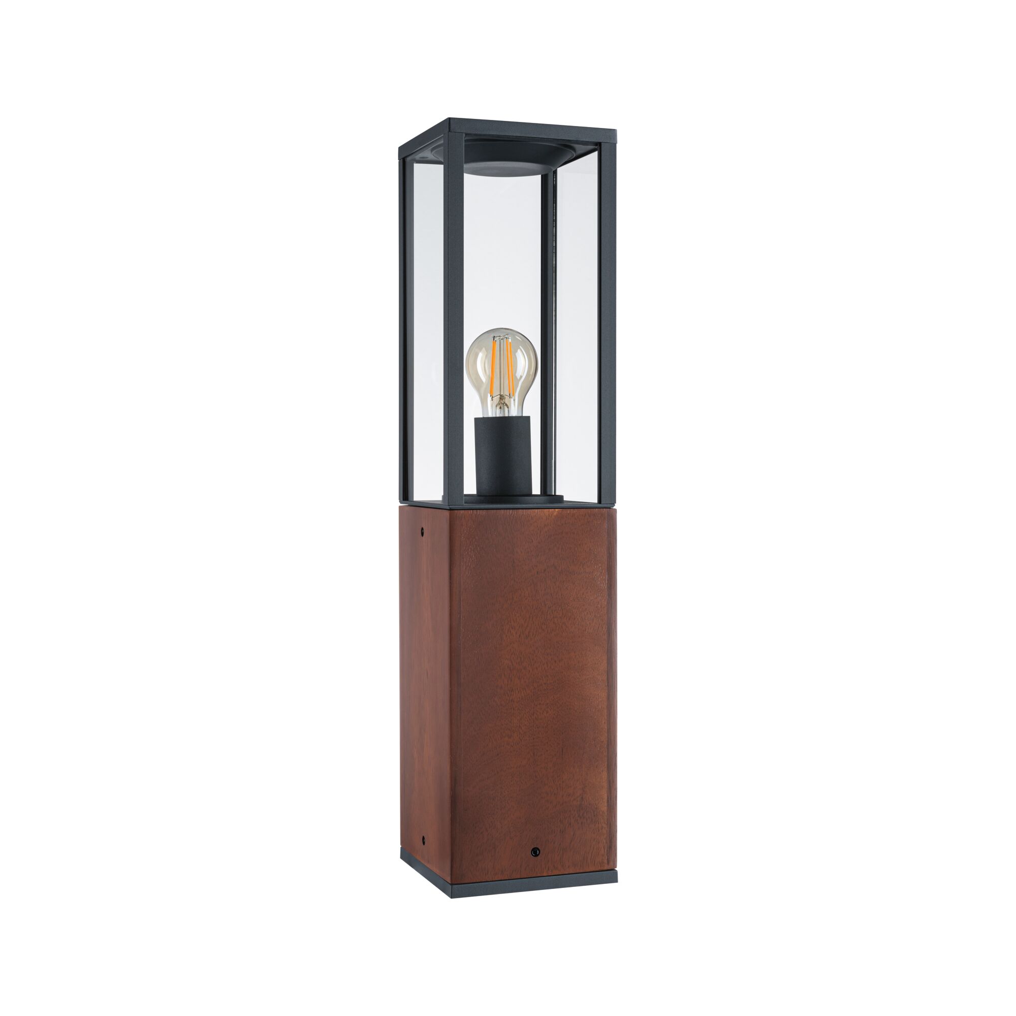 Moderner Außenleuchte mit Holzsockel und schwarzem Metallrahmen, klarer Glasschirm und sichtbarer LED-Glühbirne