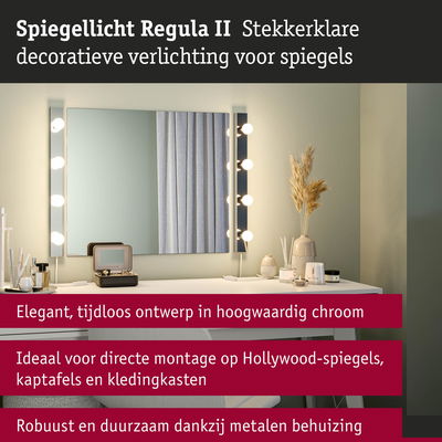 Spiegellamp Regula II in hoogwaardig chroom met robuuste metalen behuizing voor Hollywood-spiegels