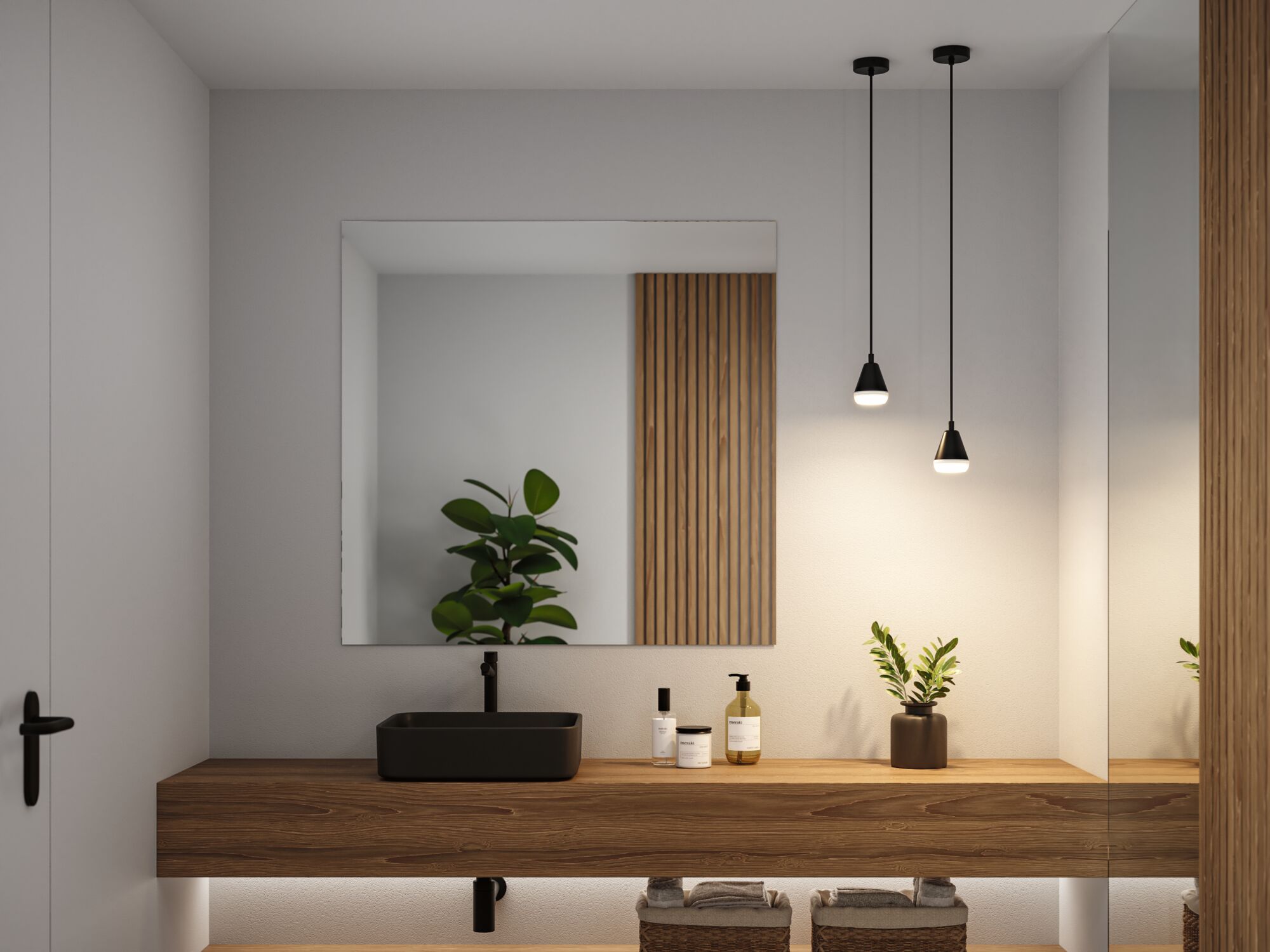 Modernes Badezimmer mit schwarzem Waschbecken, Holzablage und zwei schwarzen Pendelleuchten