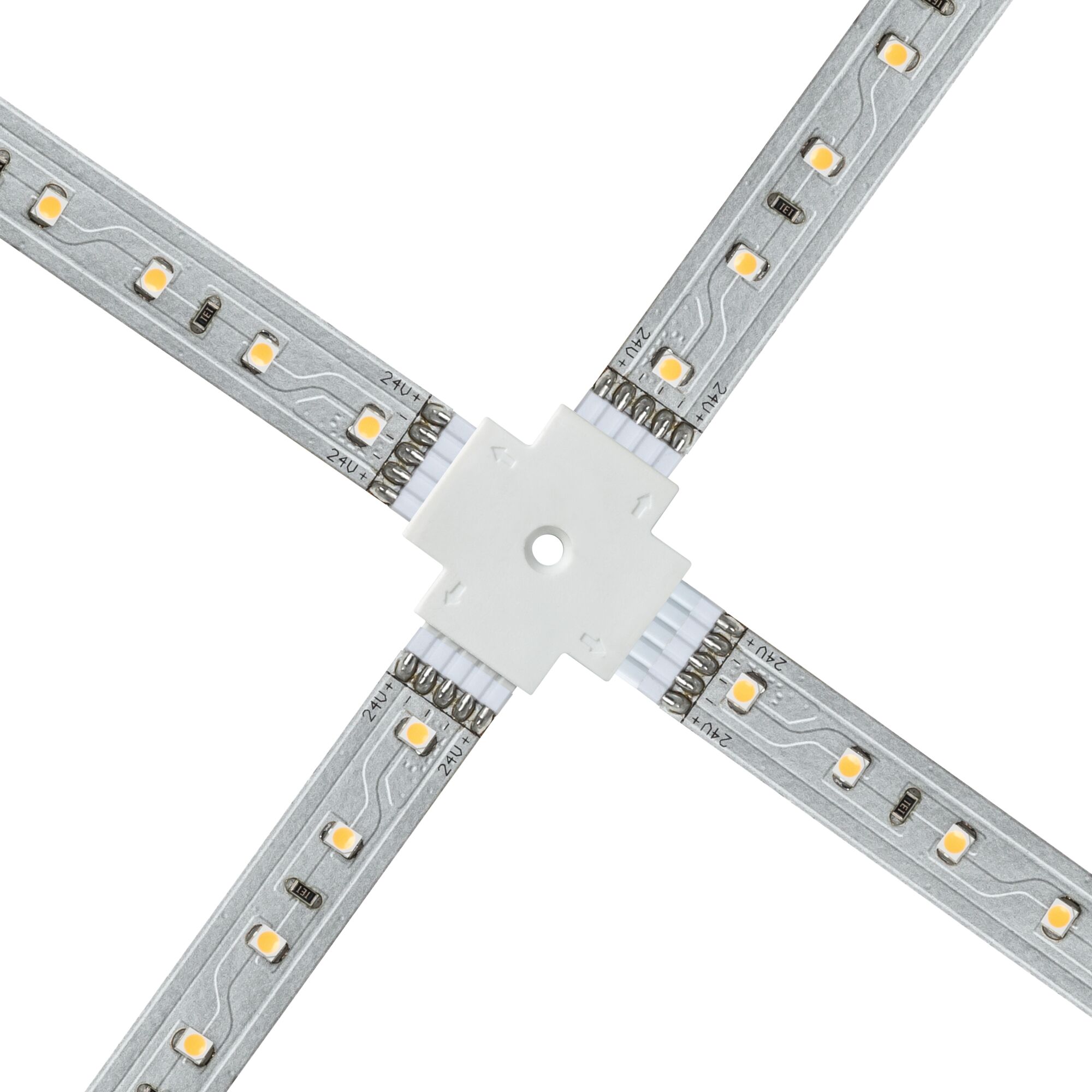 Witte LED-strip connector met vier armen voor flexibele 24V LED-strip installatie.