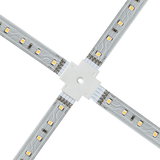 Firearmet hvid LED-strip connector til fleksibel 24V LED-strip installation og tilslutning.