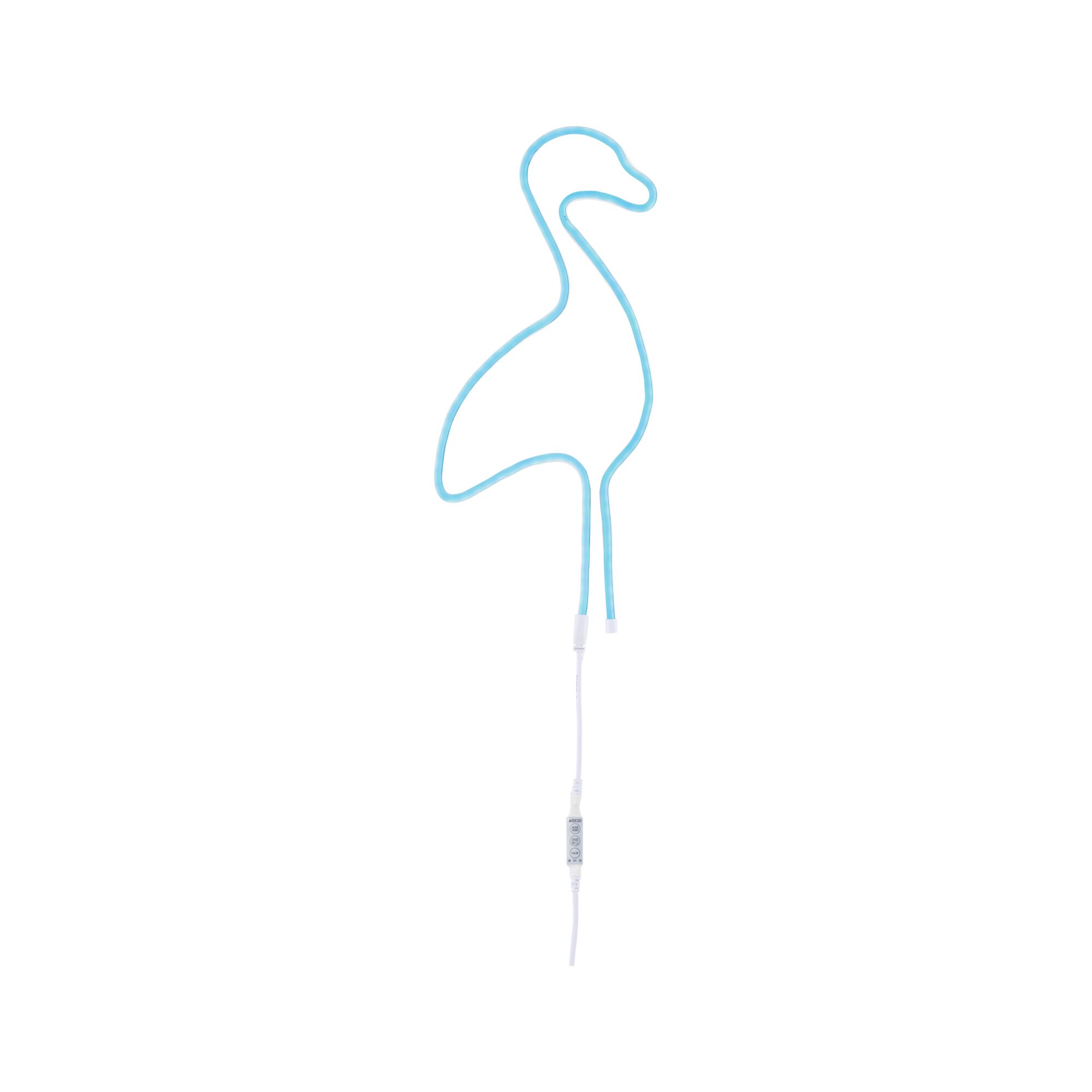 Blue LED neon light shaped like a flamingo with white cable and switch for decorative lighting