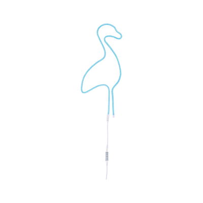 Blue LED neon light shaped like a flamingo with white cable and switch for decorative lighting