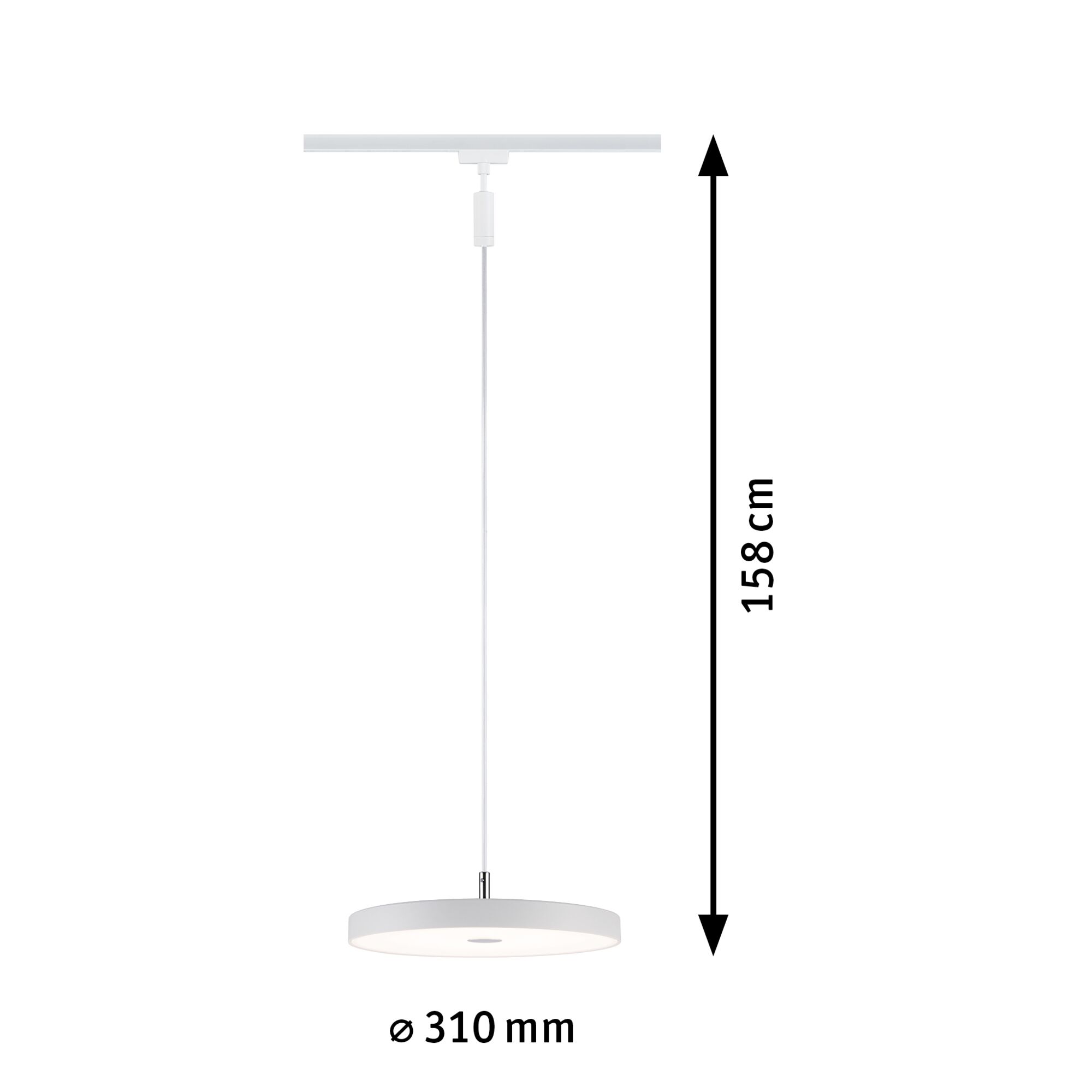 Weiße runde LED-Pendelleuchte aus Metall mit 310 mm Durchmesser und 158 cm Länge für moderne Beleuchtung