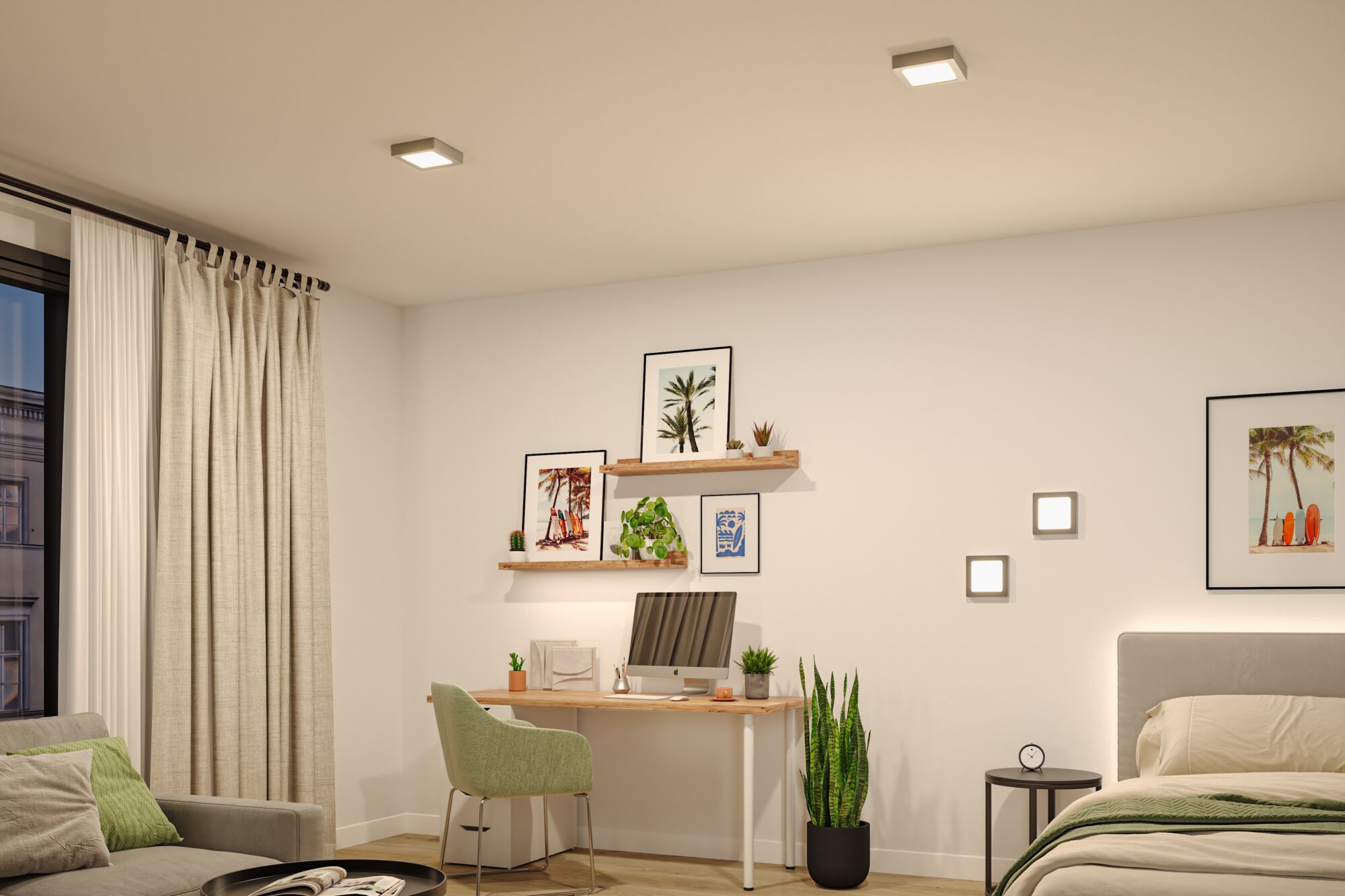 Modernes Schlafzimmer mit quadratischen LED-Decken- und Wandlampen in Weiß und Holzschreibtisch mit grünem Stuhl