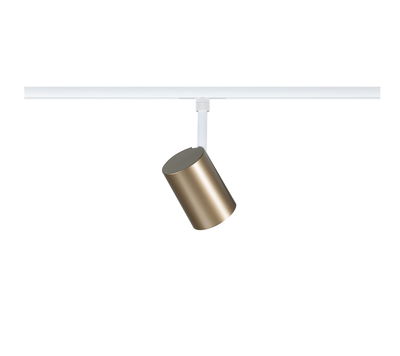 Modern gold metal LED spotlight on white track for adjustable lighting solutions