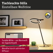 Moderne Tischleuchte Odila aus schwarzem Metall mit einstellbarer Weißlichtfarbe und satinierter Diffusor