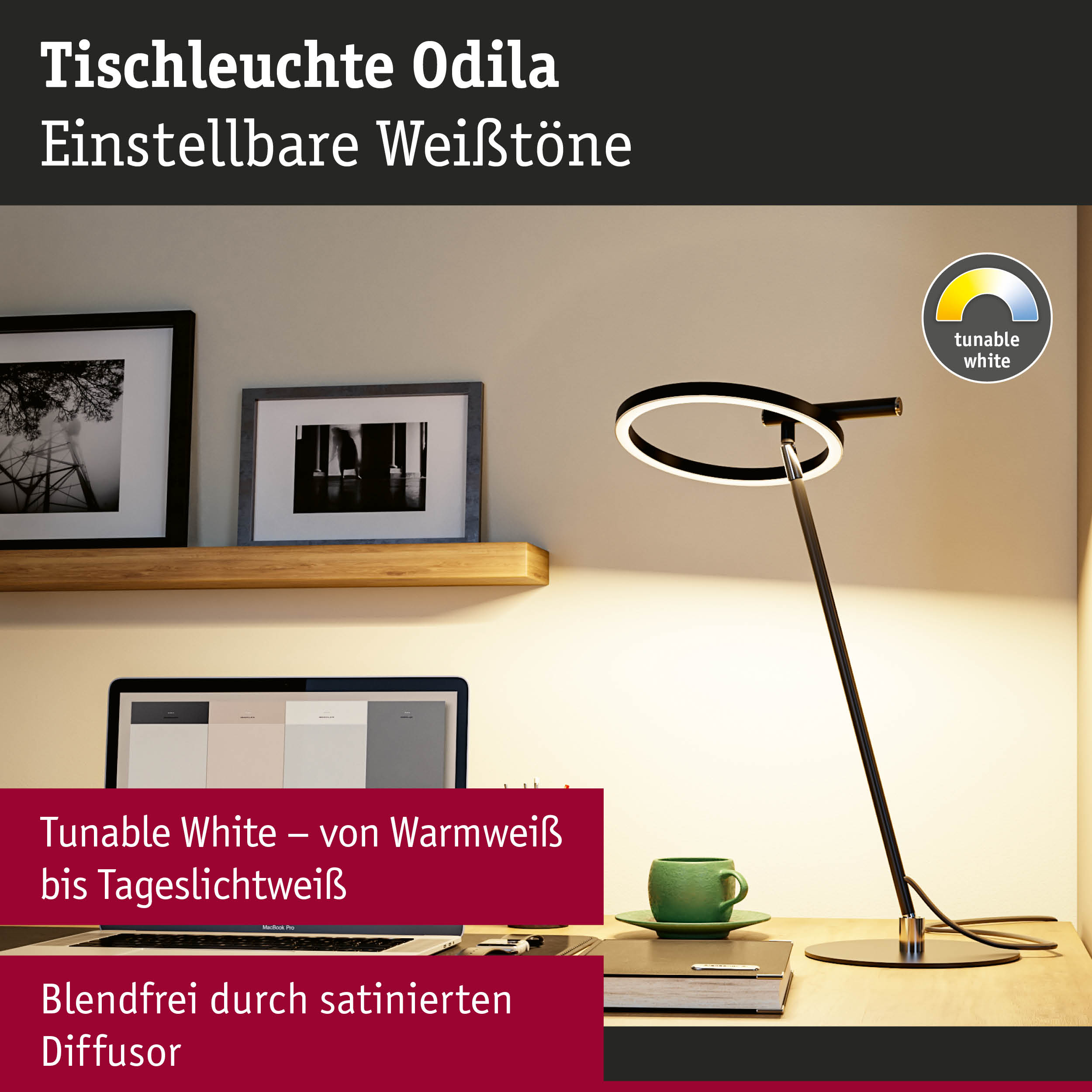 Moderne Tischleuchte Odila aus schwarzem Metall mit einstellbarer Weißlichtfarbe und satinierter Diffusor