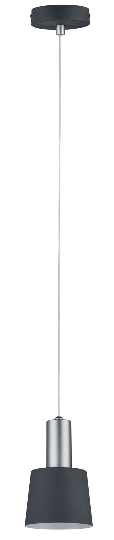 Moderne hanglamp van metaal in antraciet en zilver met stoffen kap voor woonruimtes