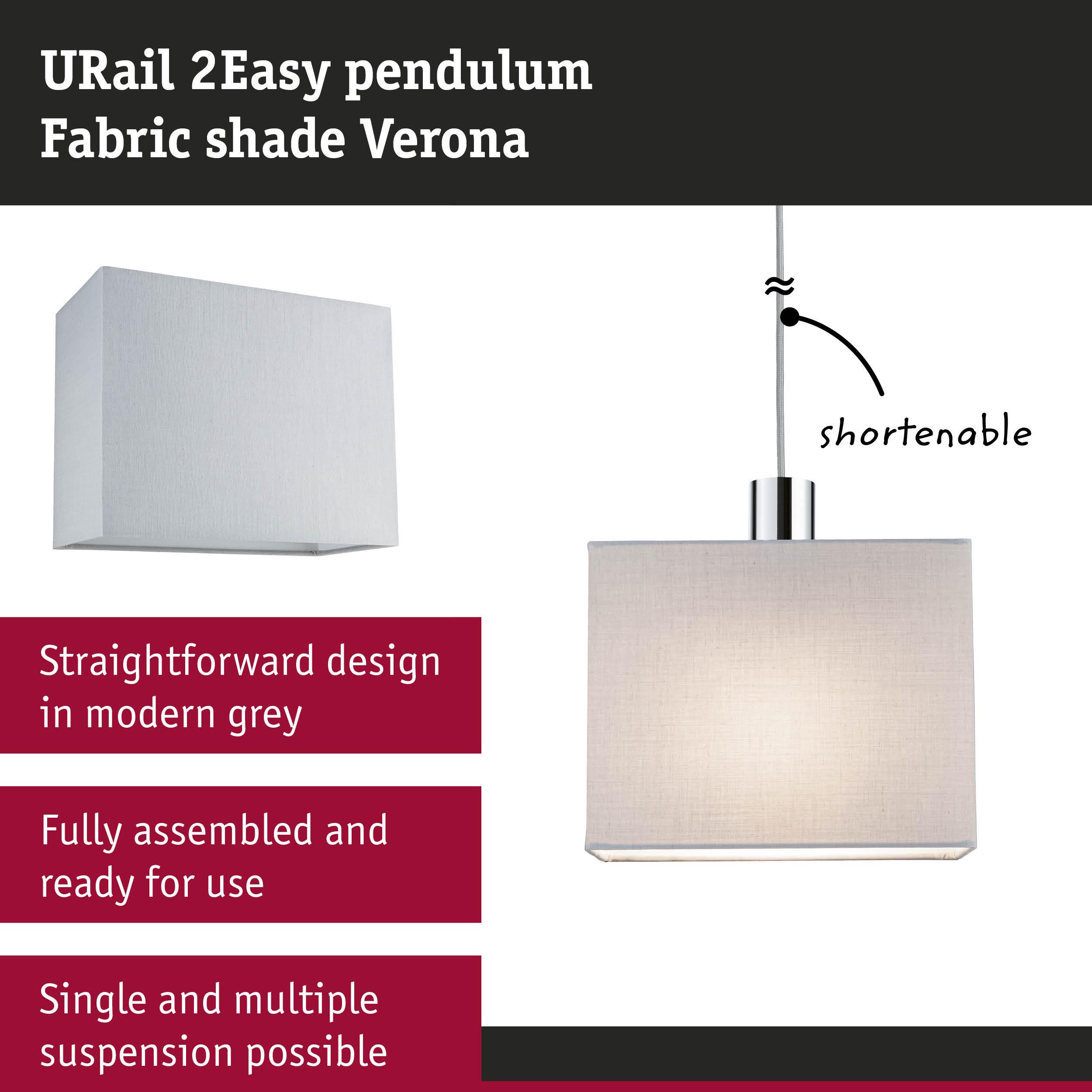 URail 2Easy pendant light with grey fabric shade Verona, shorten cable, modern design, LED lighting