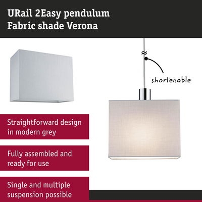 URail 2Easy pendant light with grey fabric shade Verona, shorten cable, modern design, LED lighting