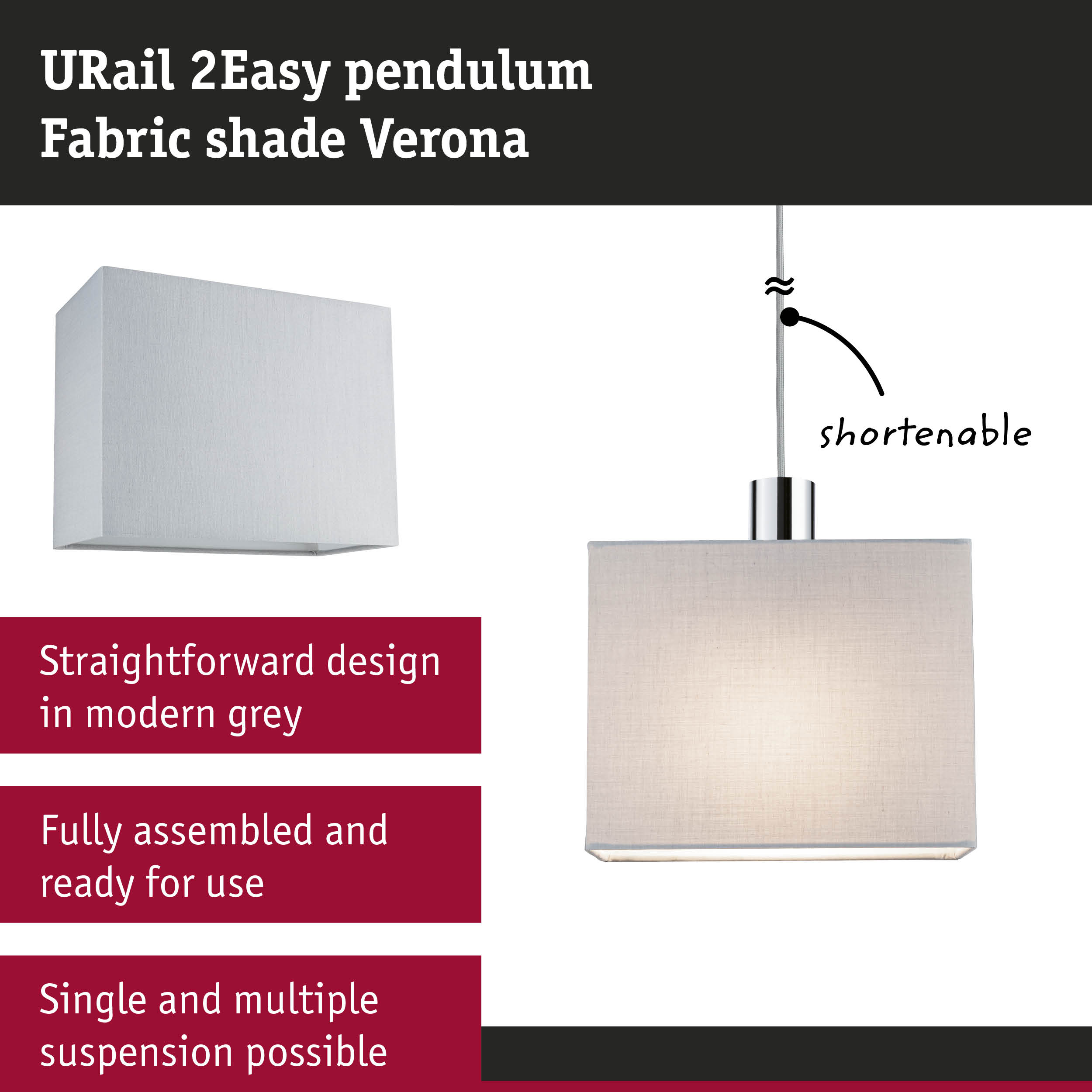 URail 2Easy pendant light with Verona fabric shade in modern grey, dimmable and shorten-able