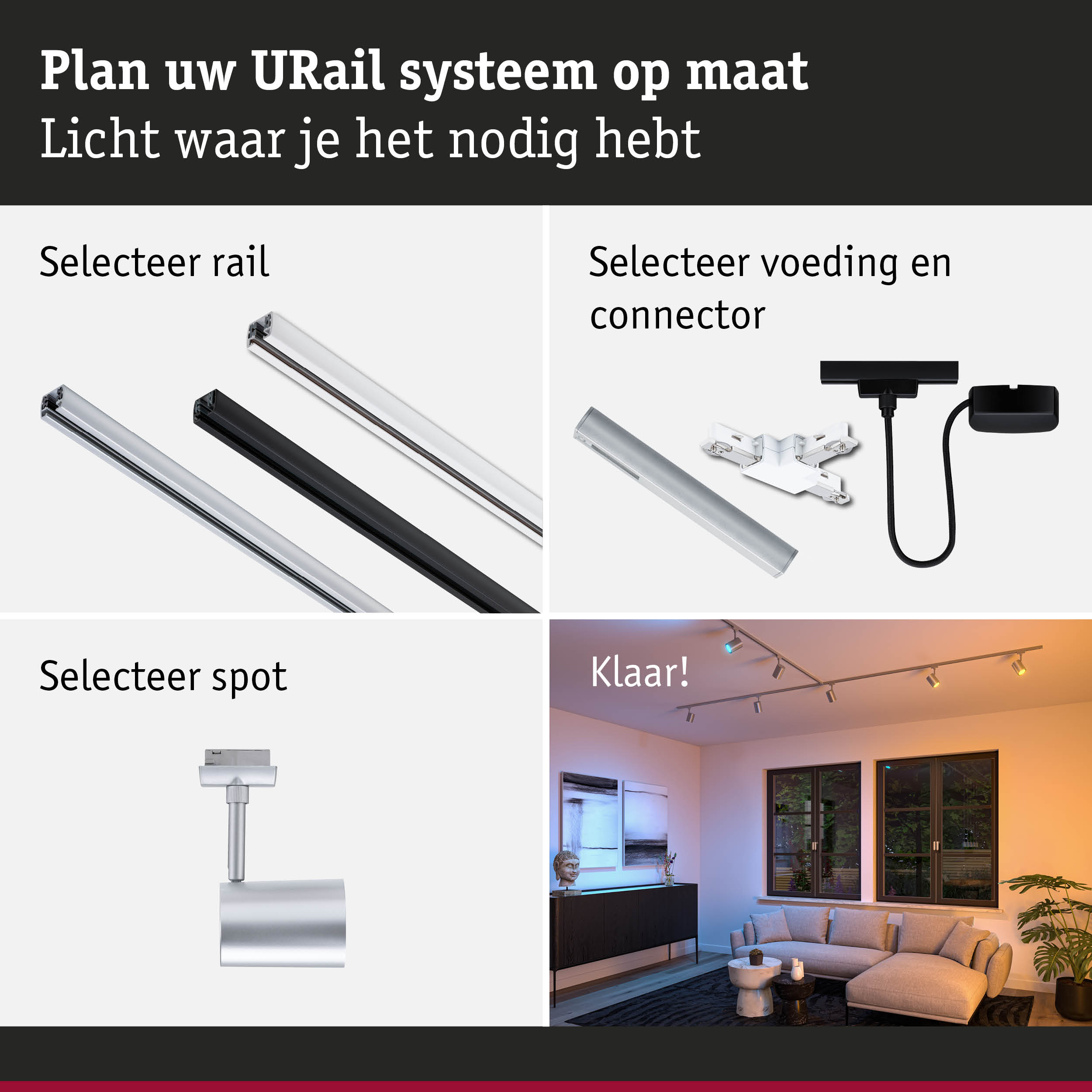 Modulair URail railsysteem met aluminium rails in zwart en wit voor flexibele LED-verlichting