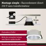 Montage simple spot LED blanc avec raccordement direct 230 V, profondeur d'encastrement 55 mm
