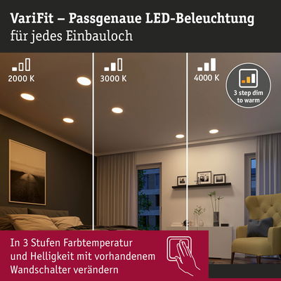 VariFit LED-Einbauleuchten mit 3 Farbtemperaturen 2000K, 3000K, 4000K für dimmbares Wohnlicht
