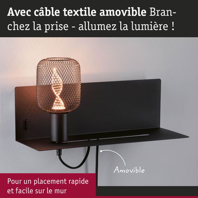 Applique murale noire avec câble textile amovible et abat-jour en treillis pour une installation rapide