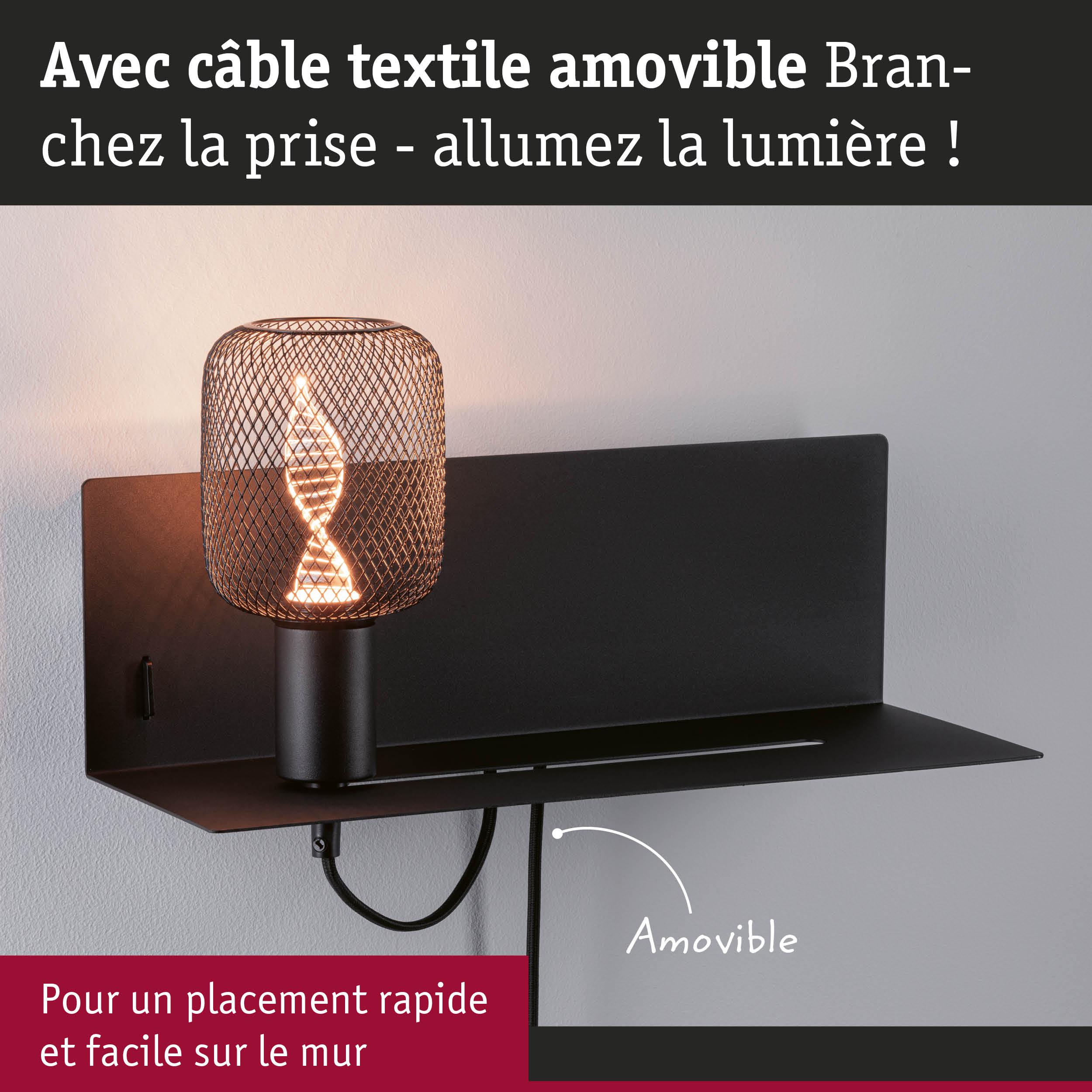 Applique murale noire avec câble textile amovible et abat-jour en treillis pour une installation rapide