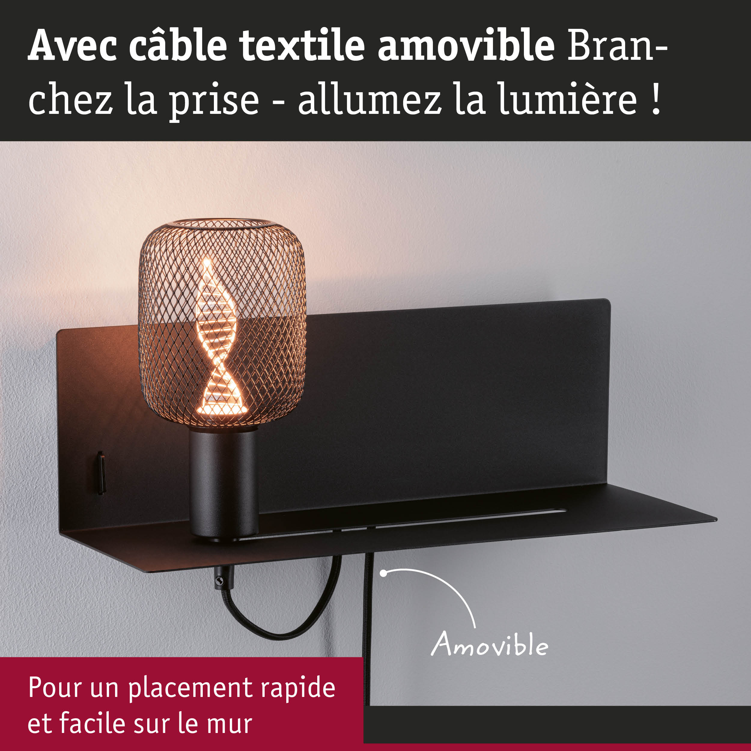 Applique murale noire avec câble textile amovible et abat-jour en métal pour un éclairage moderne