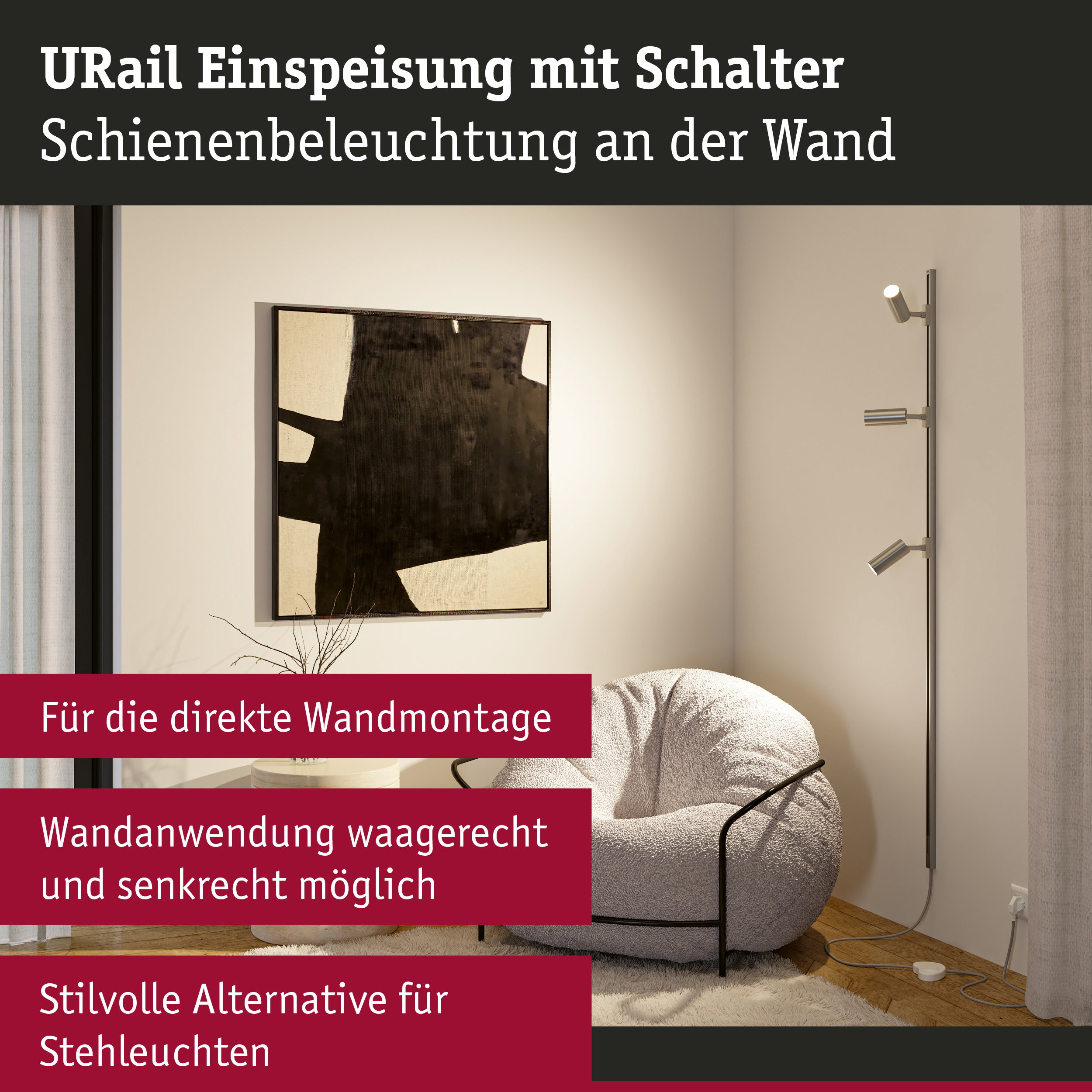 Moderne URail Schienenbeleuchtung in Edelstahl mit Schalter an der Wand montiert für flexible Lichtgestaltung