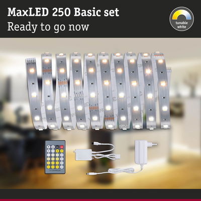 MaxLED 250 Basic set with tunable white LED strips, remote control and power adapter for home lighting