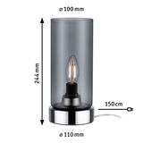Moderne Tischleuchte mit rauchgrauem Glaszylinder und verchromtem Metallfuß, 150 cm Kabel.