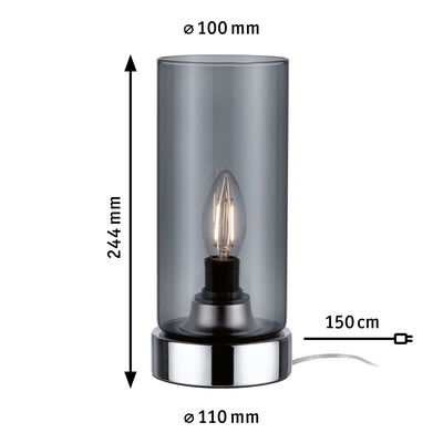 Modern table lamp with smoked glass cylinder and chrome metal base, 150 cm power cable.