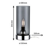 Moderne Tischleuchte mit rauchgrauem Glaszylinder und verchromtem Metallfuß, 150 cm Kabel.