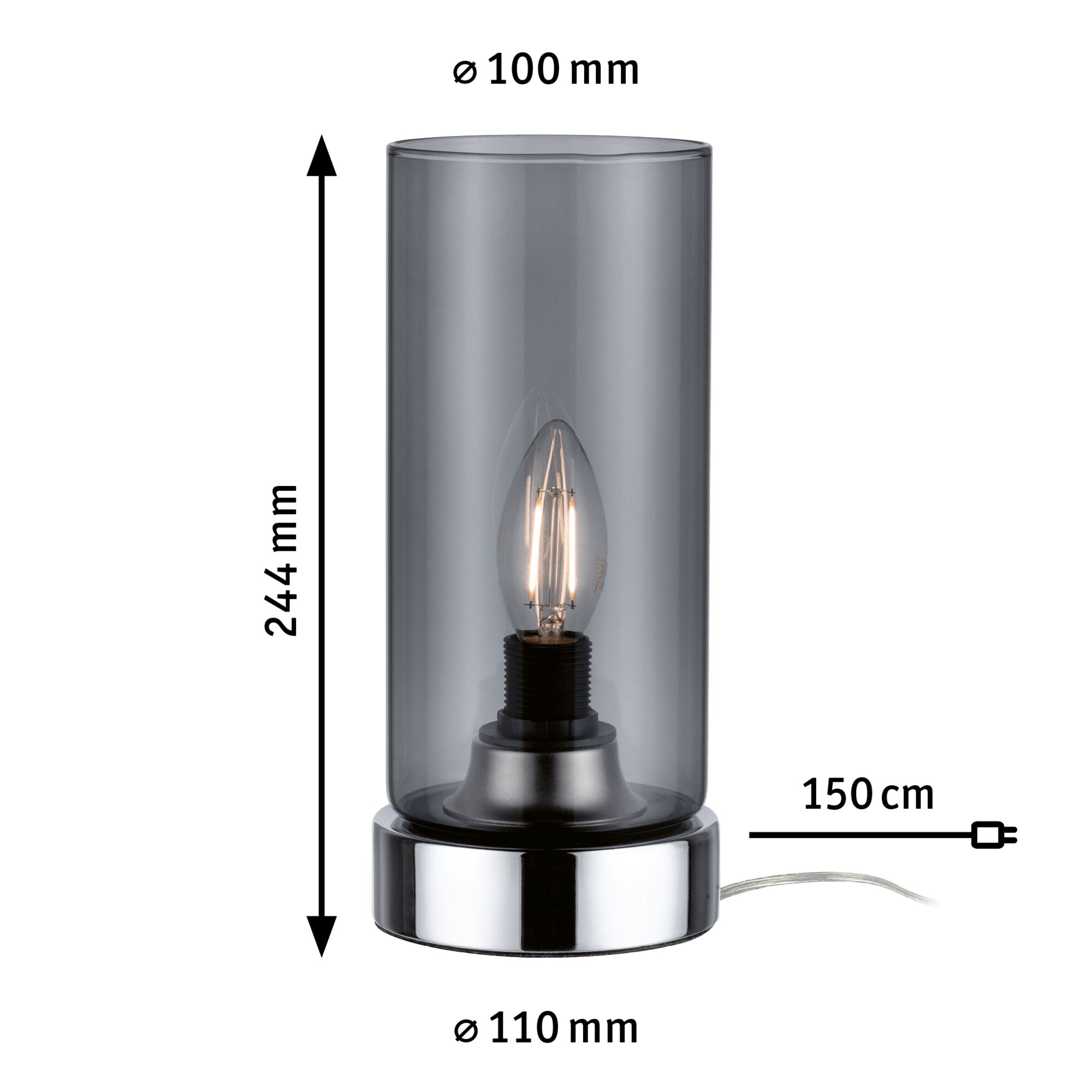 Lampe de table moderne avec cylindre en verre fumé et base en métal chromé, câble de 150 cm.