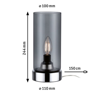 Lampe de table moderne avec cylindre en verre fumé et base en métal chromé, câble de 150 cm.