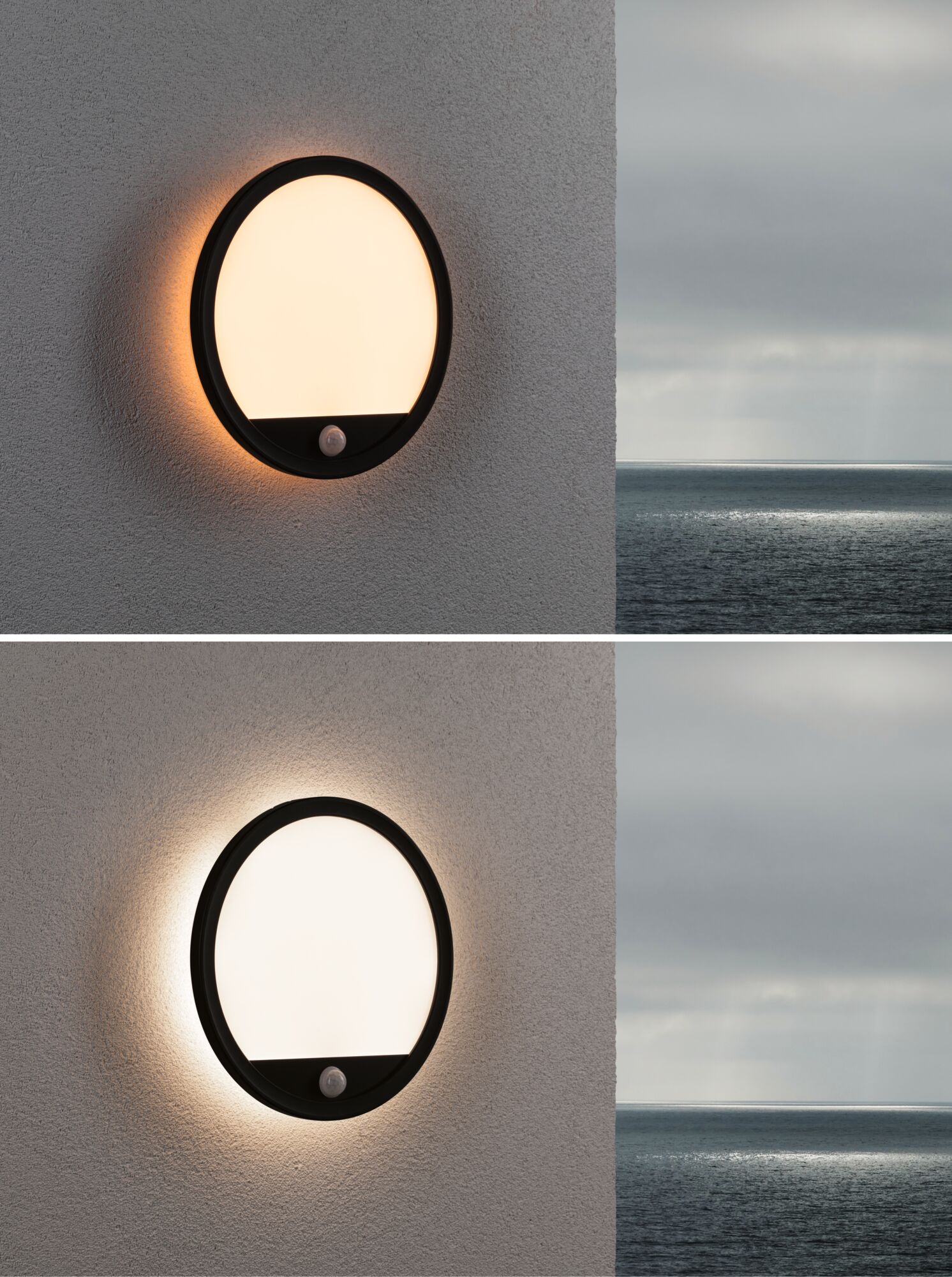 Round black LED outdoor wall light with motion sensor and warm white glow on grey wall.