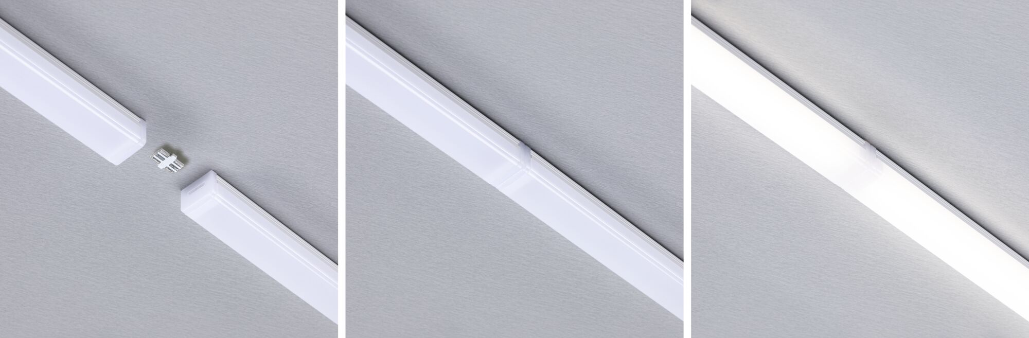 Three images of white LED tube lights with connector and illuminated light for indoor lighting solutions